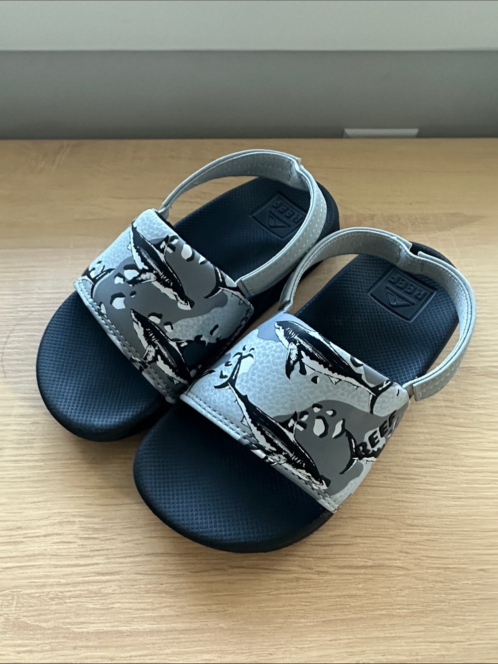 Reef Kids Gray and Black Shark Slide Sandals